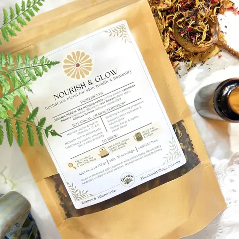Nourish & Glow: Loose-Leaf Herbal Tea Blend for Skin Health & Immunity (Caffeine-Free) Organic Collagen Support Skin Health Traditional Beverage with Calendula, Nettle, Hibiscus, Rose
