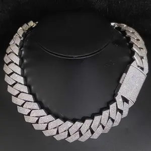 Pass  Test  20mm Wide 4Rows  Solid Silver Cuban link chain for Rapper Hip Hop VVS Iced Out Necklace