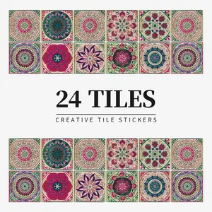 Boho Mandala Flower Pattern Tile Sticker, 24pcs/set Self-adhesive Removable Decorative Wall Sticker, Wallpaper for Kitchen, Room Home Decor, Summer Gift