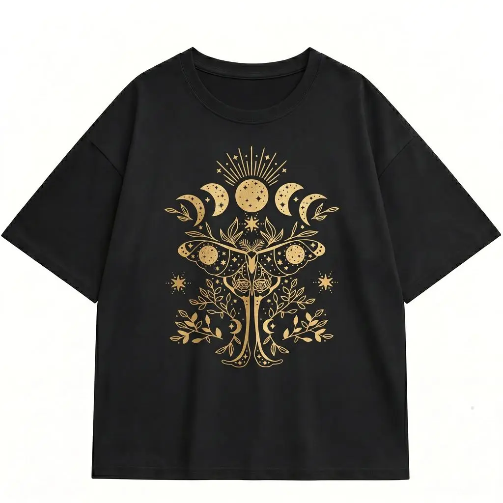 Celestial Luna Moth Shirt Women Boho Moon Phase Graphic Tee Plus Size