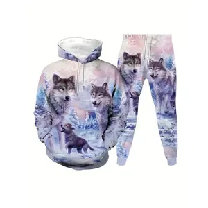 Men’s wolf-print two-piece casual hooded long-sleeve sportswear set suitable for autumn and winter