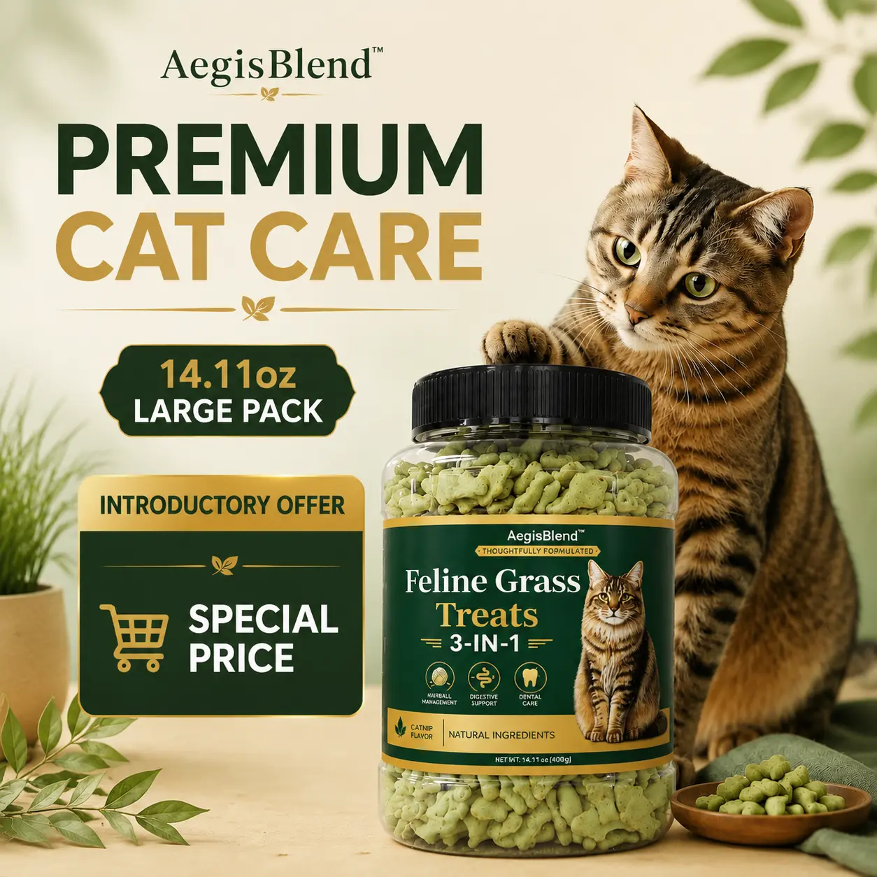 3-in-1 Functional Cat Crunchy Biscuit Treats - New Launch Limited-Time, Hairball Relief, Digestive Support, Dental Care - Probiotics, Catnip Flavor, 400g Large Size for Indoor Multi-Cat Homes Daily Wellness Snack