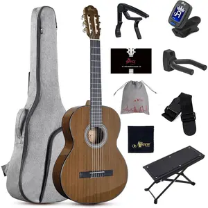 4/4 Classical Guitar, 39 Inch Full Size Nylon String Guitar for Beginner Adults, Full Classic Guitar Kit with Free Lessons, Gig Bag, Footstool, Capo, Tuner, Hanger and Strap (Glossy Tan)