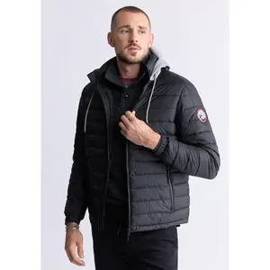 Vince Men’s Quilted Puffer Zip-Up Jacket with Contrasting Hoodie, Black - OBMFE003