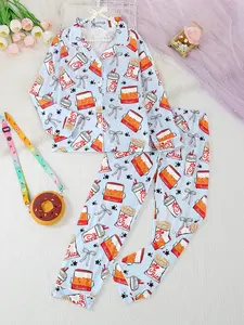 Sleepwear Set, Long Sleeve Top & Elastic Waist Pants, Fire Retardant Knit Fabric, Casual Chicken Drink Print, All Seasons, Suitable for both boys and girls, Pajama Lounge Sets
