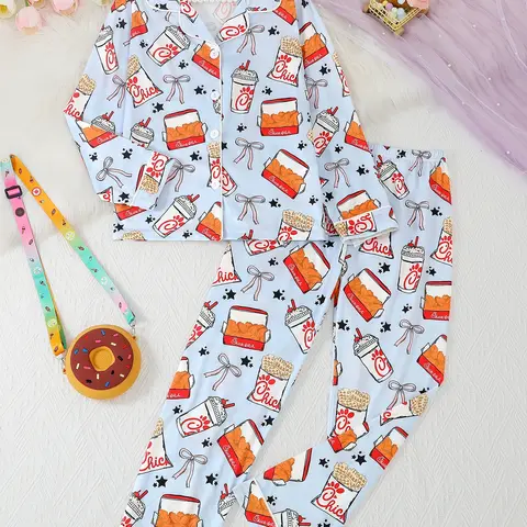 Sleepwear Set, Long Sleeve Top & Elastic Waist Pants, Fire Retardant Knit Fabric, Casual Chicken Drink Print, All Seasons, Suitable for both boys and girls, Pajama Lounge Sets, Sleepwear Pajamas, Pajama Outfit