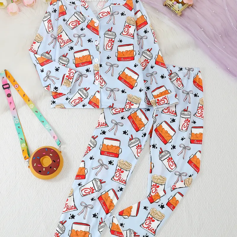 Sleepwear Set, Long Sleeve Top & Elastic Waist Pants, Fire Retardant Knit Fabric, Casual Chicken Drink Print, All Seasons, Suitable for both boys and girls, Pajama Lounge Sets, Sleepwear Pajamas, Pajama Outfit