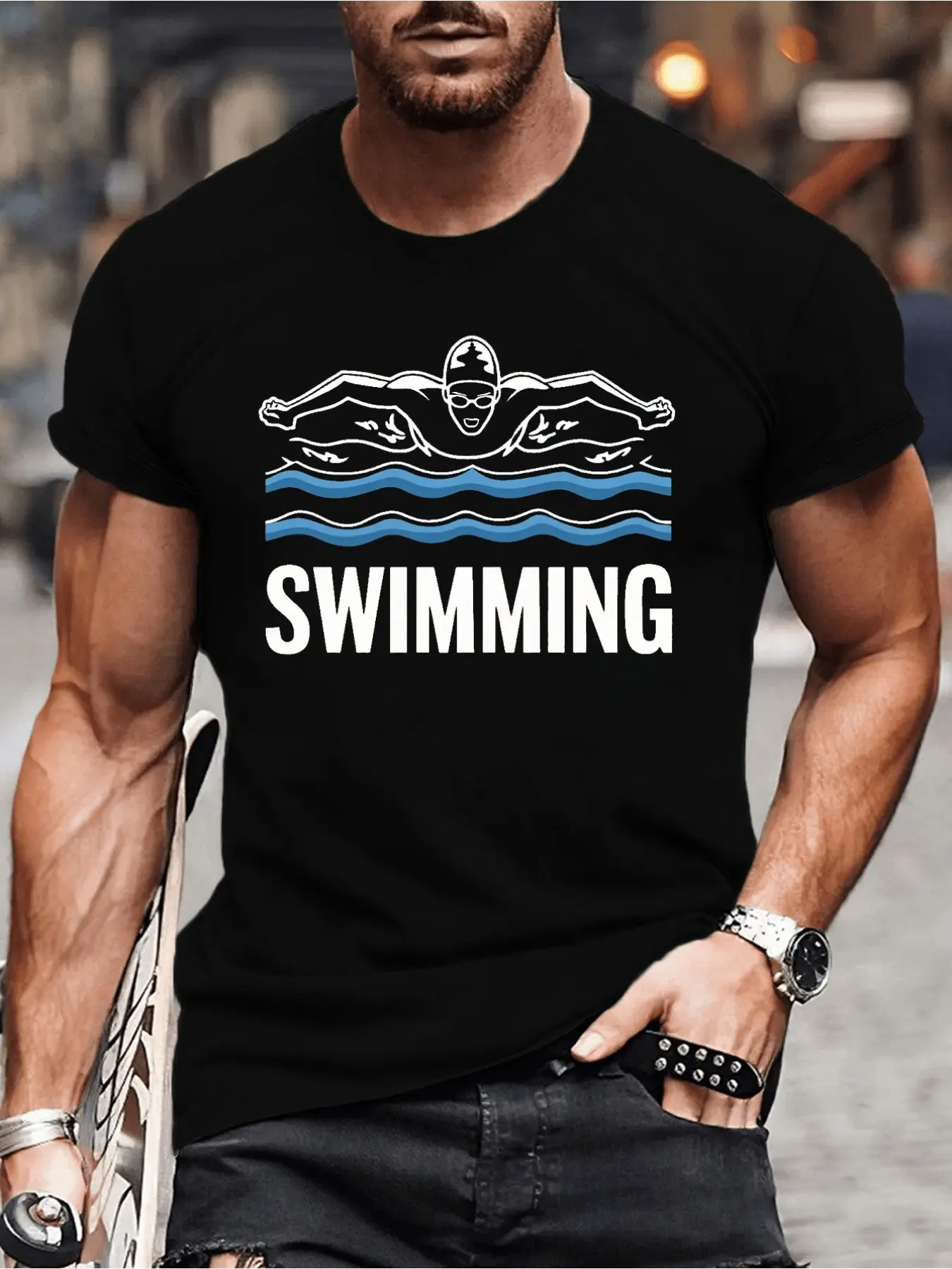 Men's Swimming Graphic T-Shirt - Dark Navy Blue Sw