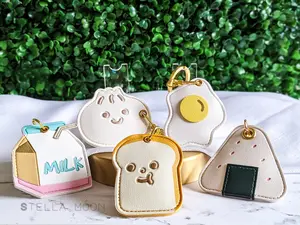 Food Pocket Keychain Egg Leather Key Chain, Dumpling Bag Charm, Toast Key Ring Holder Accessory, Gold Onigiri Rice Ball, Milk Carton Straw cute keychain