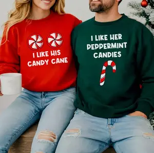 Funny Christmas Couples Shirt - Sweatshirt - Hoodie, I Like Her Peppermint Candies T-Shirt, I Like His Candy Cane Sweater, Matching Xmas Husband Wife Pajama Gift, Cozy Casual Outfit