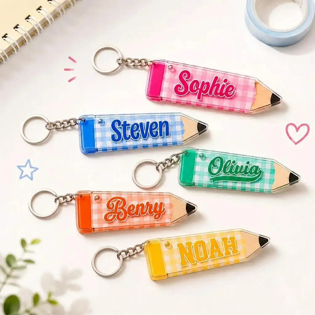 Personalized Acrylic Pencil Shape Keychain - Customizable, Lightweight Kids' Backpack Accessory, Name Tag, Gingham Accent Lunch Bag Companion, Back to School Gift Essential, Lunch Bags, C4