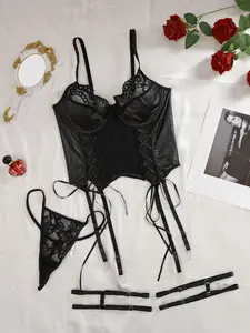 PU Leather Lace Jumpsuit Set for Women, Adjustable Straps, Steel Ring, Garter Belt, Gothic Bedroom, 3-Piece Set, Underwear, Lingerie