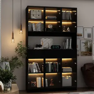 Combined Display Cabinet with Glass Doors and Lights, Display Case Cabinet Pop-up Design, Display Case Cabinet Black