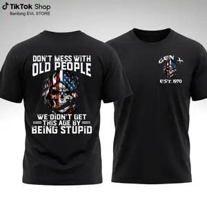 Custom Birth Year Gen X Shirt, Don't Mess With Old People We Didn't Get This Age By Being Stupid Shirt, Personalized EST. Birth Year Retro Skull American Flag Graphic T-Shirt Gift for Gen X Men Women