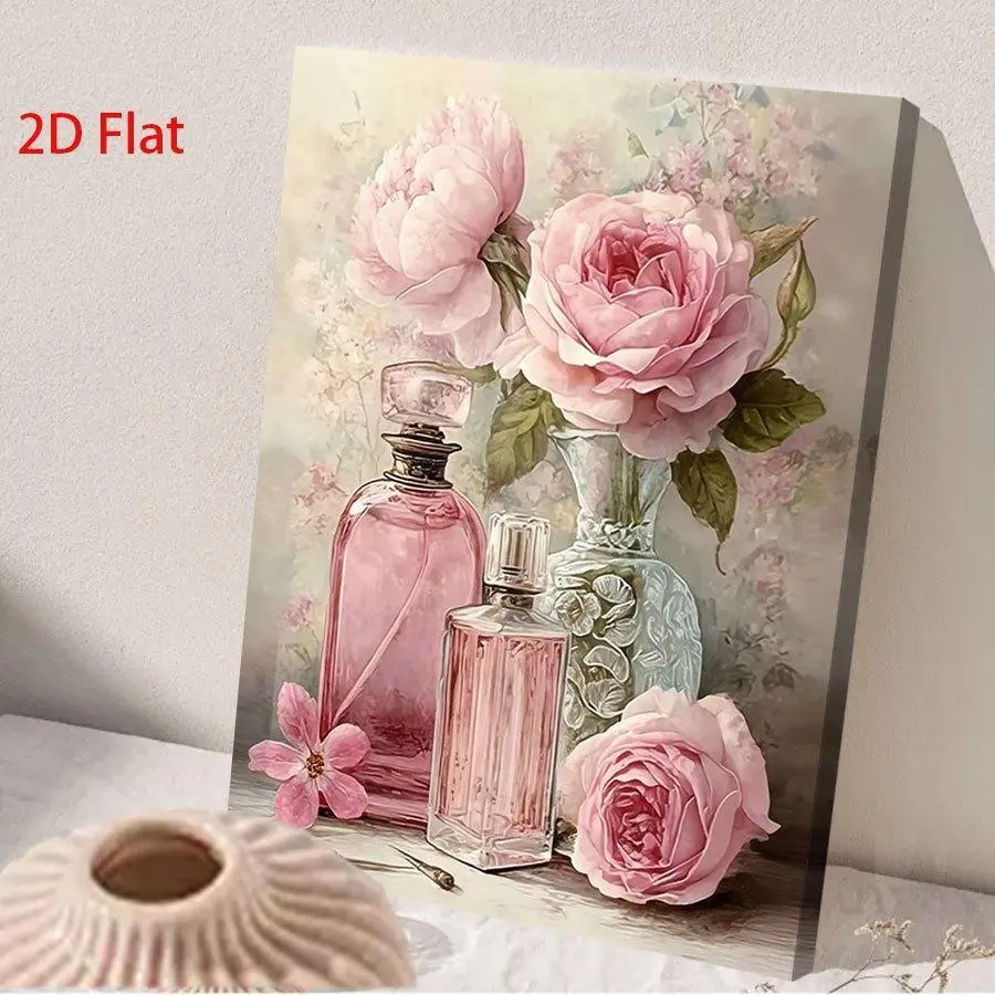 2D Flat Canvas Poster, Vintage Floral Print Wall Decor with Pink Roses & Perfume Bottles, Decorative Flowers Art for Office, Living Room Spaces, Classic