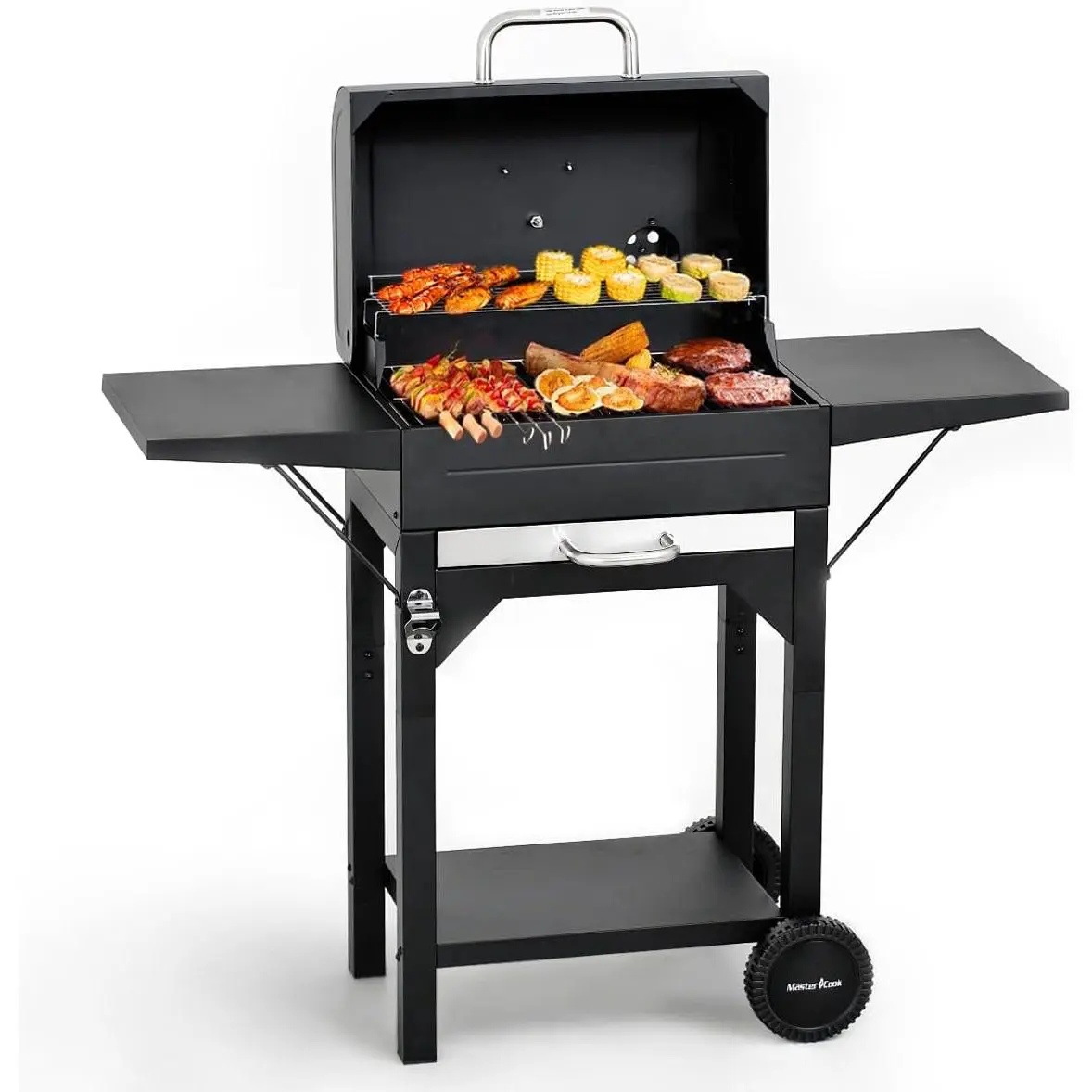 MASTER COOK Charcoal Grill with Two Side Tables, Heavy-duty Steel Barbecue BBQ Grill for Outdoor Picnic Backyard Patio and Parties, 43"*38"*17"