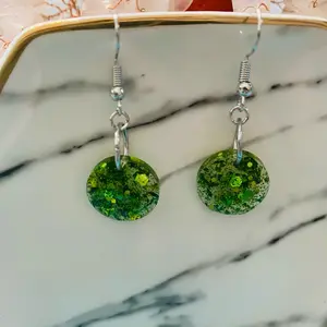 Very very light weight Green round resin glitter earrings