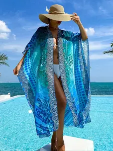 Women's Fashion Blue Gradient Print Long Chiffon Cardigan, Bohemian Totem Pattern Loose Fit Sheer Jacket, Casual Fall & Winter Wear, Swimwear Cover Up, Beach Cover Ups, Swimsuit Coverup