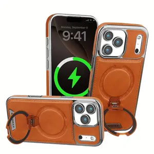 [Mobile Accessory] Faux Leather Kickstand Case for iPhone 17/16/15/14/13/12 Pro Max Plus |   Magnetic Wireless Charging, Rotatable Ring, Shockproof Full Protection |   Classic Luxury Elegant Thin Cover, Handsfree Viewing, Stylish Durable Travelers Shell