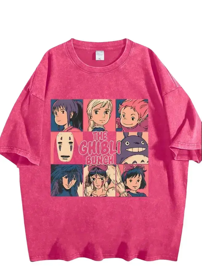 Studio Ghibli Bunch Graphic Menswear T-Shirt - Casual Round Neck Short-Sleeve, Vintage Washed Distressed Oversized Anime Streetwear Top, Retro Character Collage Fan Gift Apparel
