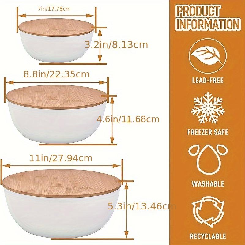 Simple Salad Bowls With Lids, Set Of 3 (7" + 8.8" + 11") Serving Bowls With Bamboo Lids, Bamboo Fiber Mixing Bowls For Salad Cereal Pasta Soup Fruit Popcorn Chips