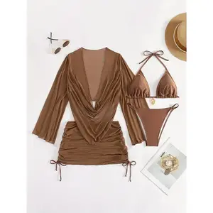 [Sexy Bikini Set] Stylish Sexy Four-Piece Bikini Set with Sheer Cover-Up, European and American