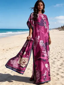1dress+1scarf Magenta Pink Floral Print Satin Kaftan Dress for Women, Plus Size Muslim Abaya with Matching Scarf, Loose Batwing Sleeve Maxi Caftan, Modest Beach Cover Up, Beach Kaftans, Dubai Style Islamic Robe for Vacation, Eid & Casual Loungewear