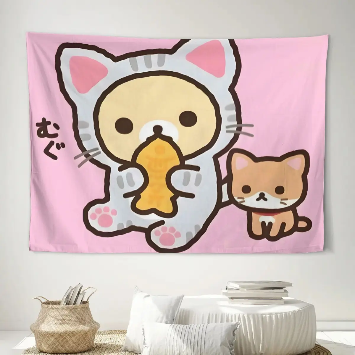 Minimalist Kawaii Cartoon Cat Wall Hanging - Pastel Pink Background, Soft Terry Cloth Fabric, Cute/Animal Character Tapestry, Cartoon Artwork, Horizontal Home Office Room Art, Machine Washable Home Decor, Kawaii Decor, Cartoon Artwork Tapestries, Cute Cha