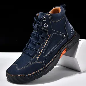 Men's Handcrafted Stitching, High-Top Casual Shoes - Suede Leather & Mesh Sneakers with Lace-Up Closure, Breathable Perforated Design & Anti-Slip Rubber Sole for Outdoor, Hiking & Daily Wear Boy Footwear