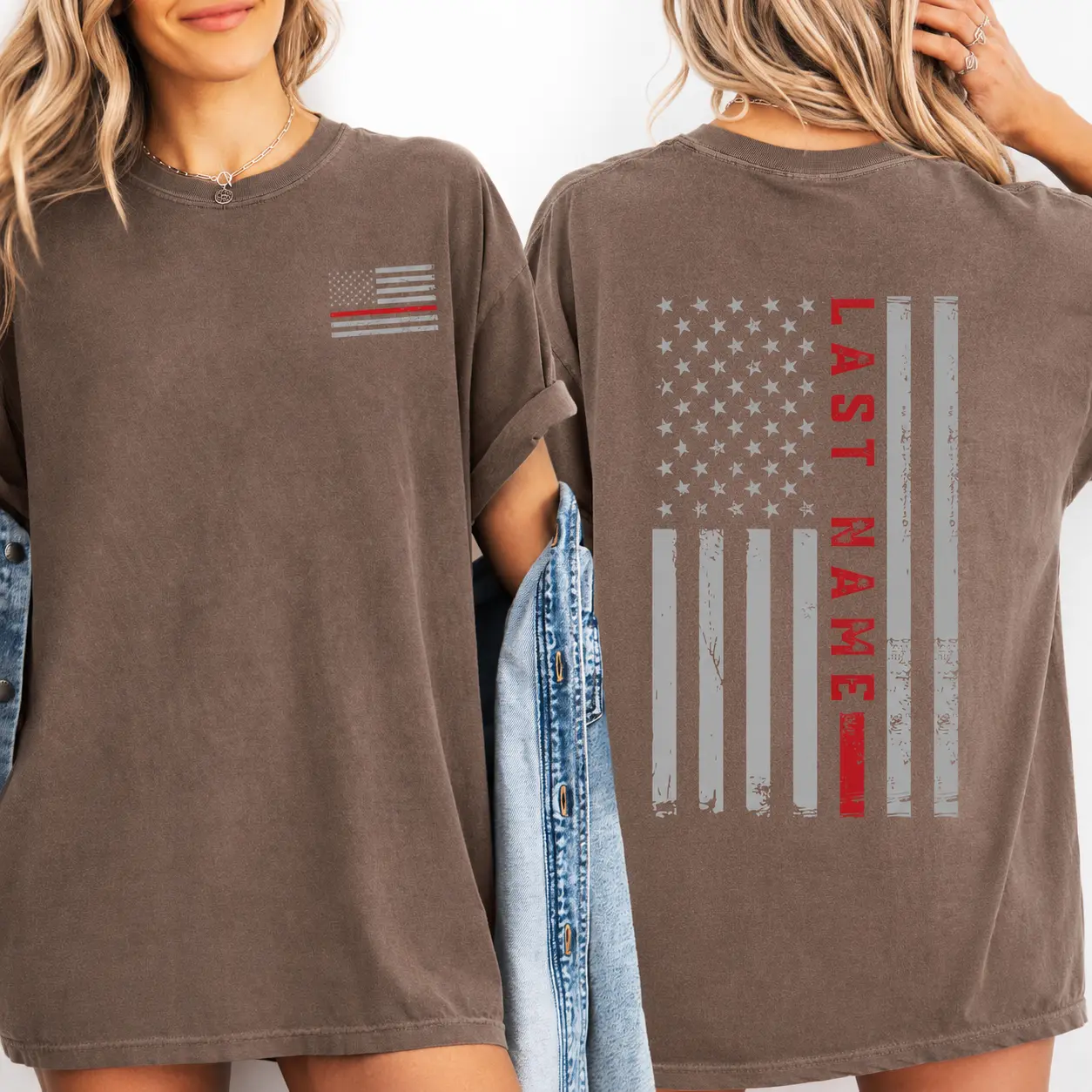 Last Name Red Line Flag Shirt, Custom Firefighter Family Tee, Patriotic Comfort Colors Shirt, First Responder Gift