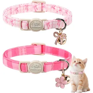 2 Pack Pink Cat Collars - Spring Summer Breakaway Cat Collar with Bell, Bow and Flower Pendant, Adjustable Kitten Collars for Girl Cats, Cute Pink Plaid &Bow
