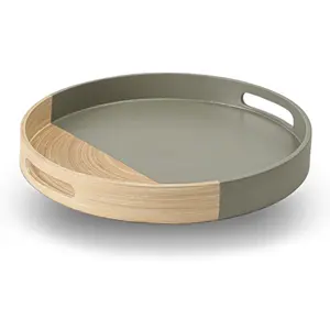 13.78" Dia Spun Bamboo Serving Tray, Round Tray with Handles, Round Ottoman Tray, Semi Grey for Coffee Table, Serving Food on Home Dining Table, Restaurant (Grey)