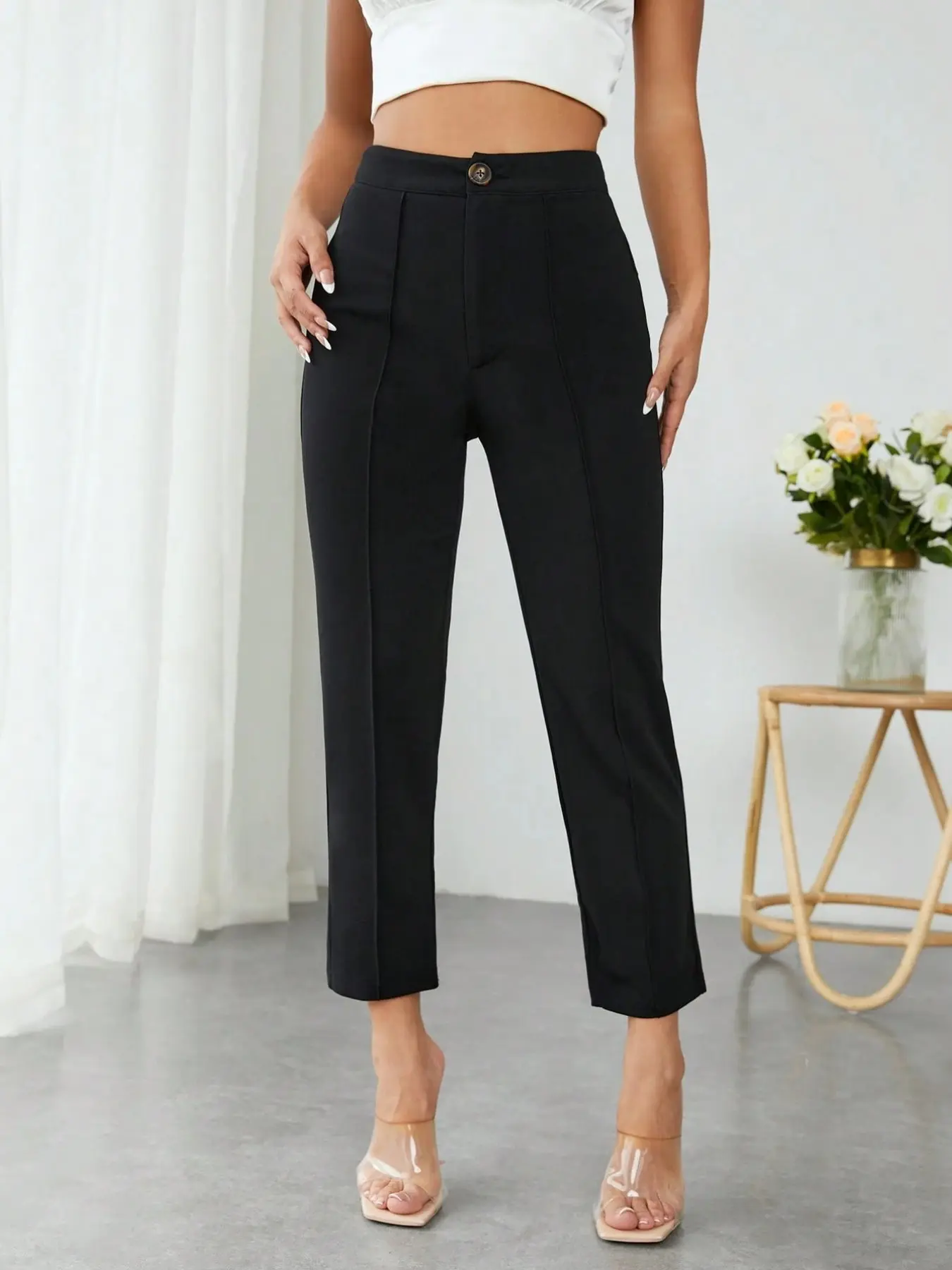 Women's Casual High Waisted Tight-Fitting Cropped Pants, Soft Comfortable Fabric, Multi-Scene Use, Casual Style, Plain Pattern, Perfect for Daily Wear, Casual Fitted Pants, Casual Fashion Pants, Womenswear