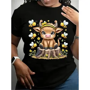 'S Black Short Sleeve T-Shirt With Cute Cow, Flower Crown And Bees Print | Breathable, H-Line Regular Fit Round Neck, Smooth Stretch Fabric For All-Season Casual Streetwear, Beach, Party