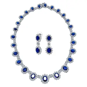 Bridal Halo Blue Sapphire CZ Statement Necklace Chandelier Earrings Jewelry Set