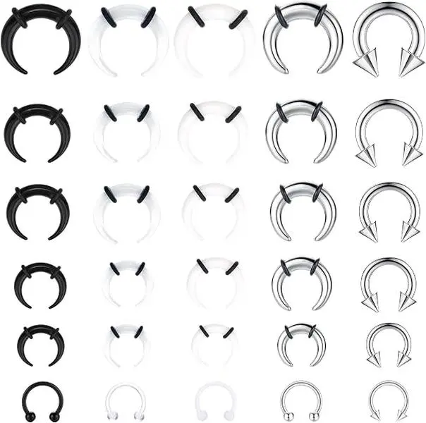30Pcs Septum Stretching Kit For Women Men Acryli Stainless Steel 16G 14G 12G 10G 8G 6G Septum Pincher Tapers Horseshoe Septum Rings C Shape Septum Piercing Jewelry Nose Ear Cartilage