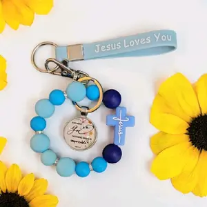 For with God Nothing Shall Be Impossible Keychain Jesus Loves You Blue Beaded Cross Charm Keyring