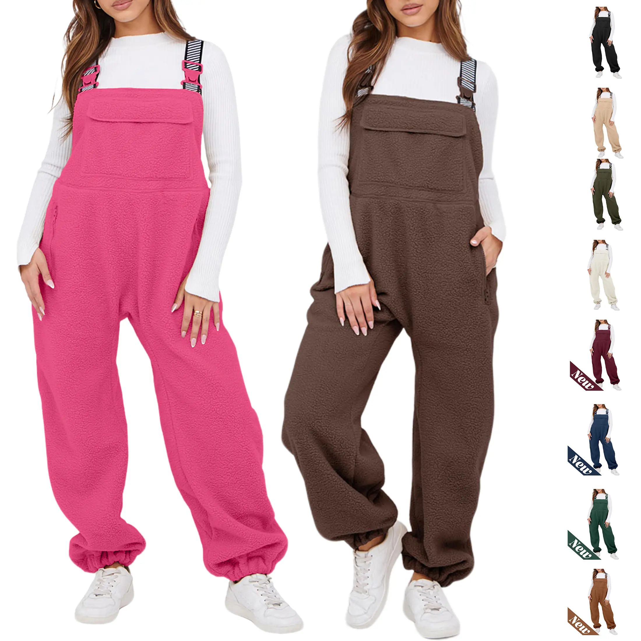 Buenoble Women's Fuzzy Fleece Overalls Winter Bib Pants Loose Fit Adjustable Strap Jumpsuit Warm Teddy Sherpa Romper Loungewear Streetwear