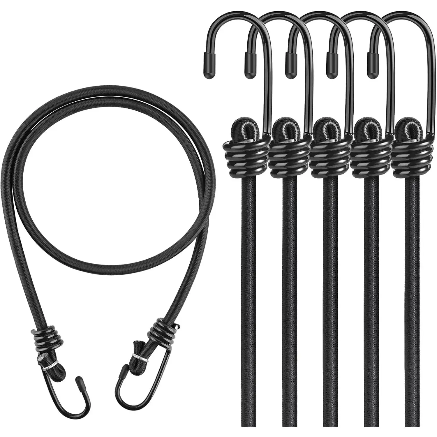 High-Strength Rust-Proof 24-Inch-6 Pcs Heavy Duty Bungee Cords with Hooks, 8 mm Latex Braided Rope (35 kg/70 lbs Load Capacity) for Luggage, Camping, Garden Items (Black, Elasticity for All Seasons)