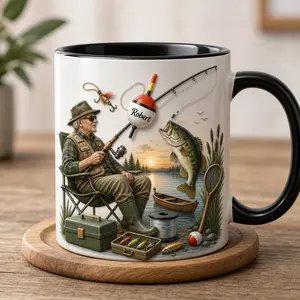 Personalized Fishing Mug 2D Printed 3D Effect, Custom Name Ceramic Coffee Cup with Fisherman, Bass Fish, Rod and Tackle Design, Gift for Men