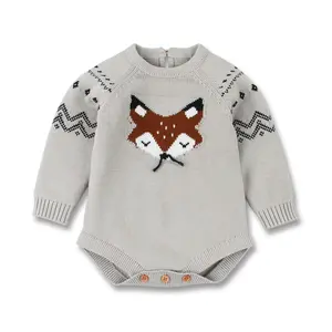 Gender Neutral Knit Fox Newborn Baby Romper Suits with Adorable Fox Face Design and Long Sleeves for Comfort