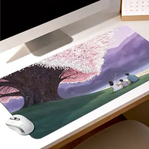 Premium Family Under Cherry Blossom Tree By Lakeside Illustration High Quality Mouse Pad Modern Office Gaming Comfort Experience Non?Slip Durable For Daily Work And Play  40*80 Size.