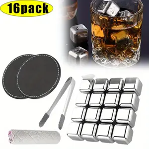 16 Pcs Reusable Stainless Steel Ice Cubes for Drinks - Metal Whiskey Stones, High Cooling Technology, for Whiskey, Vodka, Liqueurs, Wine, Beverage Juice or Soda