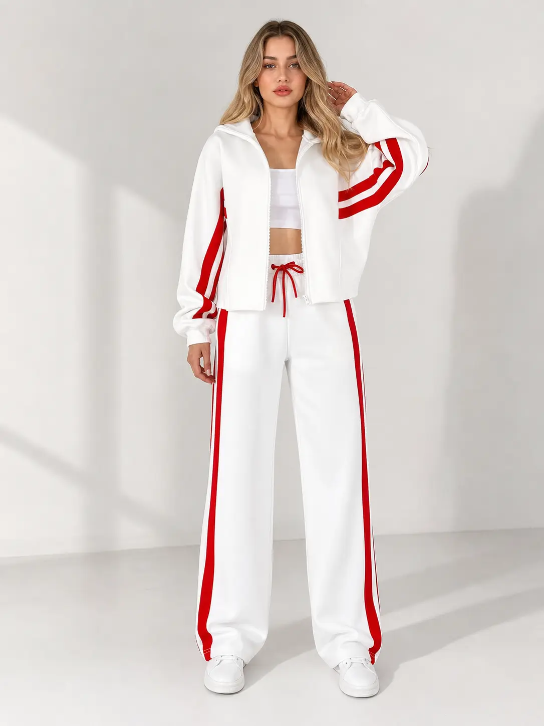 Women's Tracksuit Set, 2 Piece Casual Striped Polyester Clothes with a Zip Up Jacket and Wide Leg Drawstring Pants for Fall