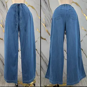 Jeans Palazzo - Wide Leg Denim Trousers with Drawstring Waist and Pockets for Comfortable Wear
