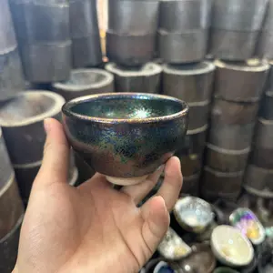 Dazzling Iridescent Ceramic Bowl with Multicolored Metallic Glaze Art -318
