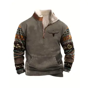 Men's Western Retro Sweatshirt - Unique Print, Zipper Lapel, Stylish for Casual Wear Graphic Hoodie Ethnic Pattern Hoodie