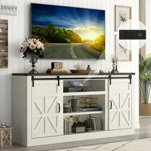 TV Stand for TVs up to 75", 66" Farmhouse Entertainment Center with Storage Cabinets, Sliding Barn Doors and Power Outlets, Rustic Media TV Console Table for Living Room, White/Brown