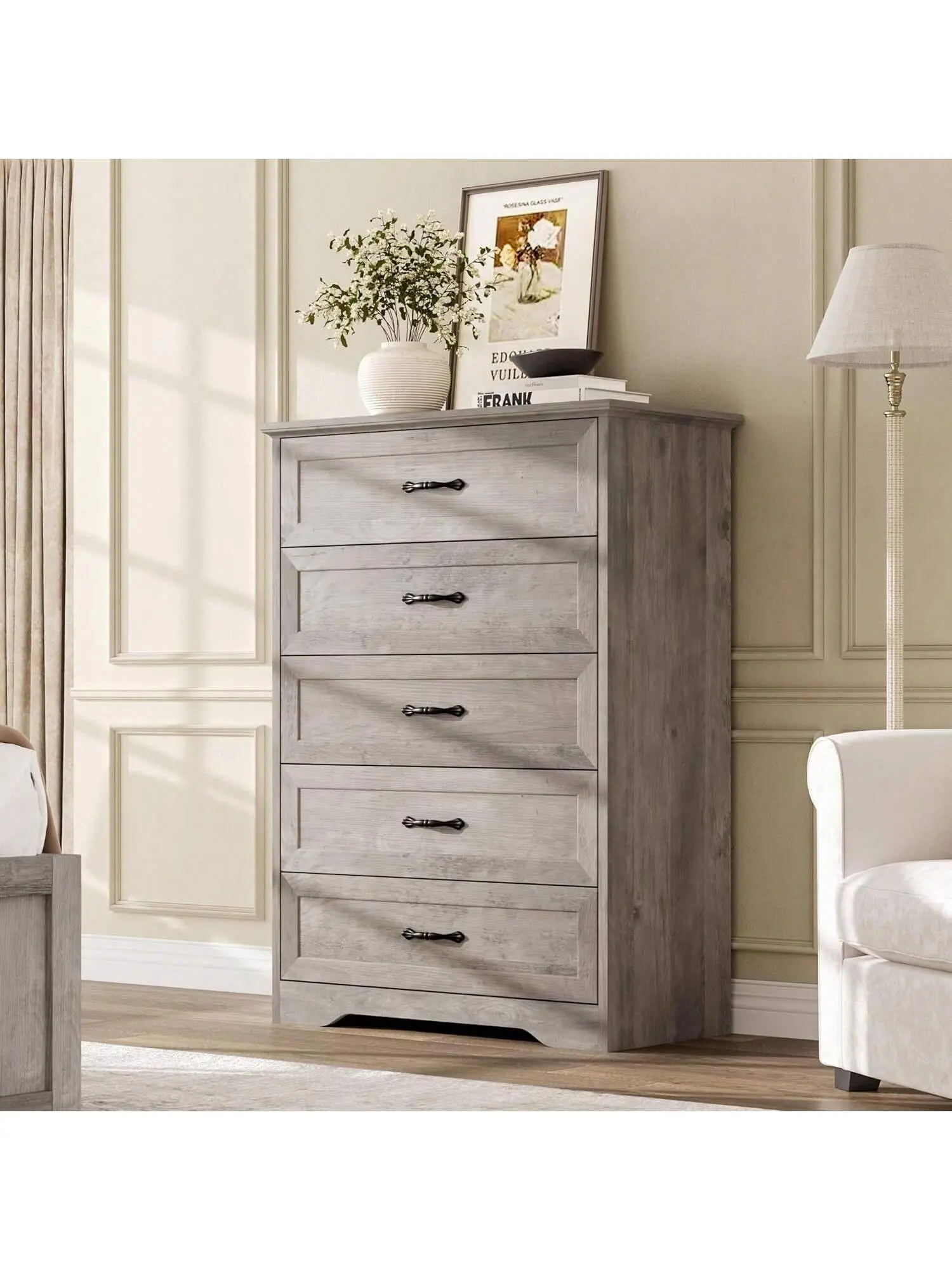 Gray 5-Drawer MDF Wood Drawer Cabinet - Gray Transitional Dresser, Single Unit Rectangle Contemporary Cabinet with Wide Metal Handles, Curved Base, Anti-Tip Safe Farmhouse Modern Tall Storage Organizer for Bedroom, Living Room