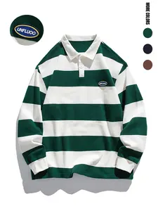 Gen Z Men's Striped Long Sleeve Polo Shirt, Comfortable Loose-Fit Preppy Style, Perfect for Spring & Fall, Ideal for School & Outdoor Activities